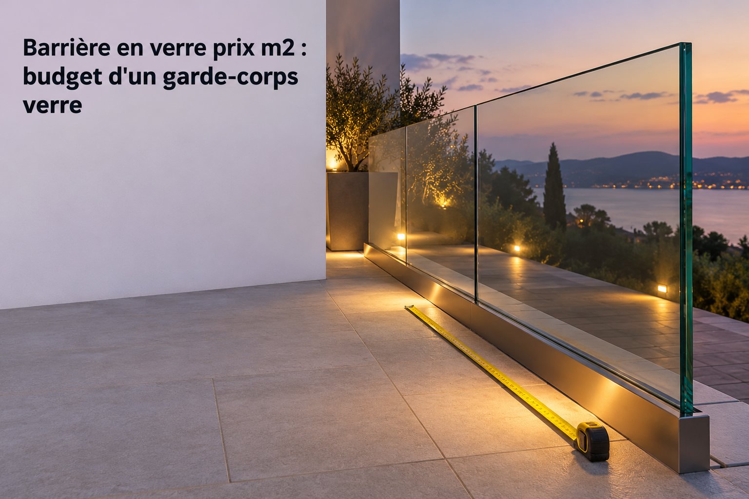 Barrière en verre sur balcon avec vue sur le paysage au coucher du soleil.