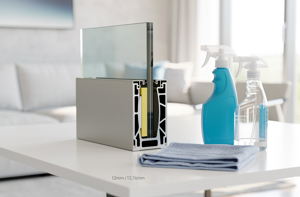 Profil de garde-corps en verre avec produits d'entretien sur table moderne