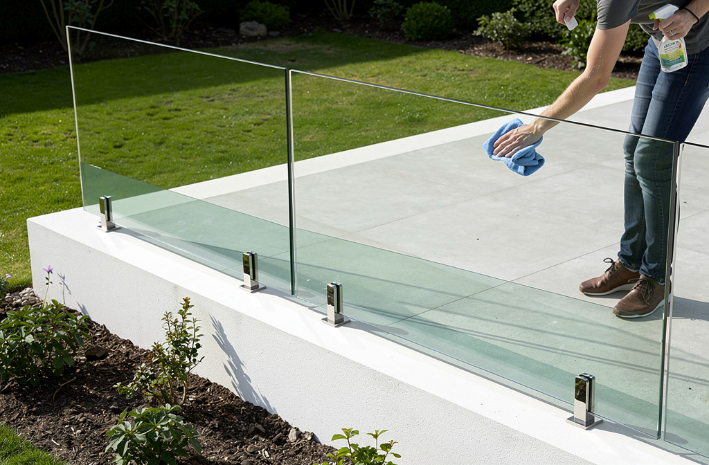 Nettoyage d'un garde-corps en verre sur une terrasse moderne