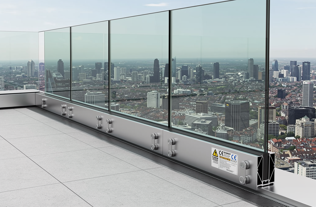 Garde-corps en verre feuilleté avec cadre aluminium noir conforme aux normes de sécurité installé sur un balcon moderne.