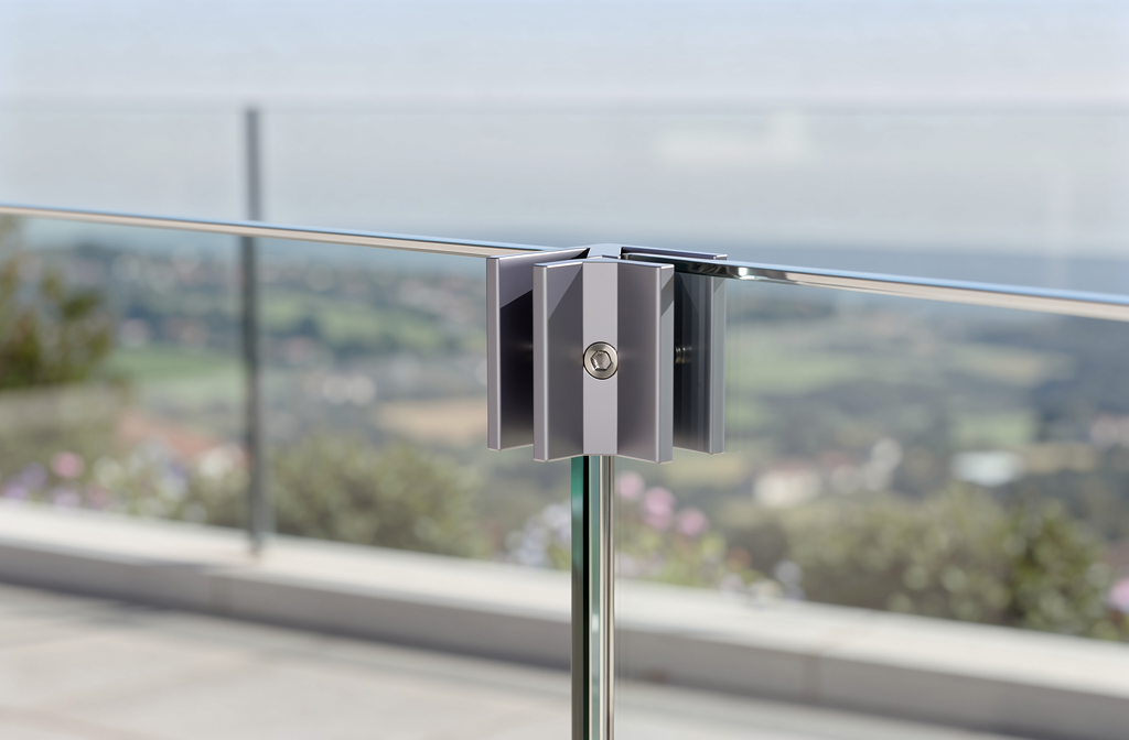 Pince à verre installée sur un garde-corps de terrasse moderne avec vue panoramique