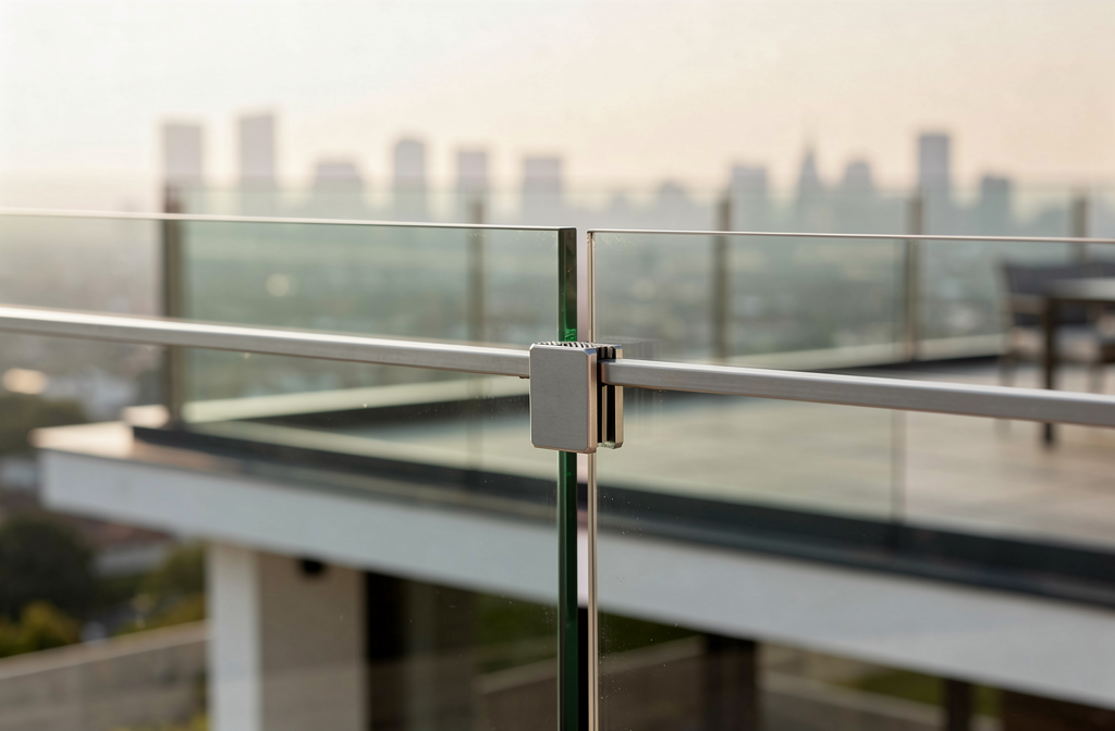 Pince à verre inox fixant un panneau de verre sur un garde-corps moderne.