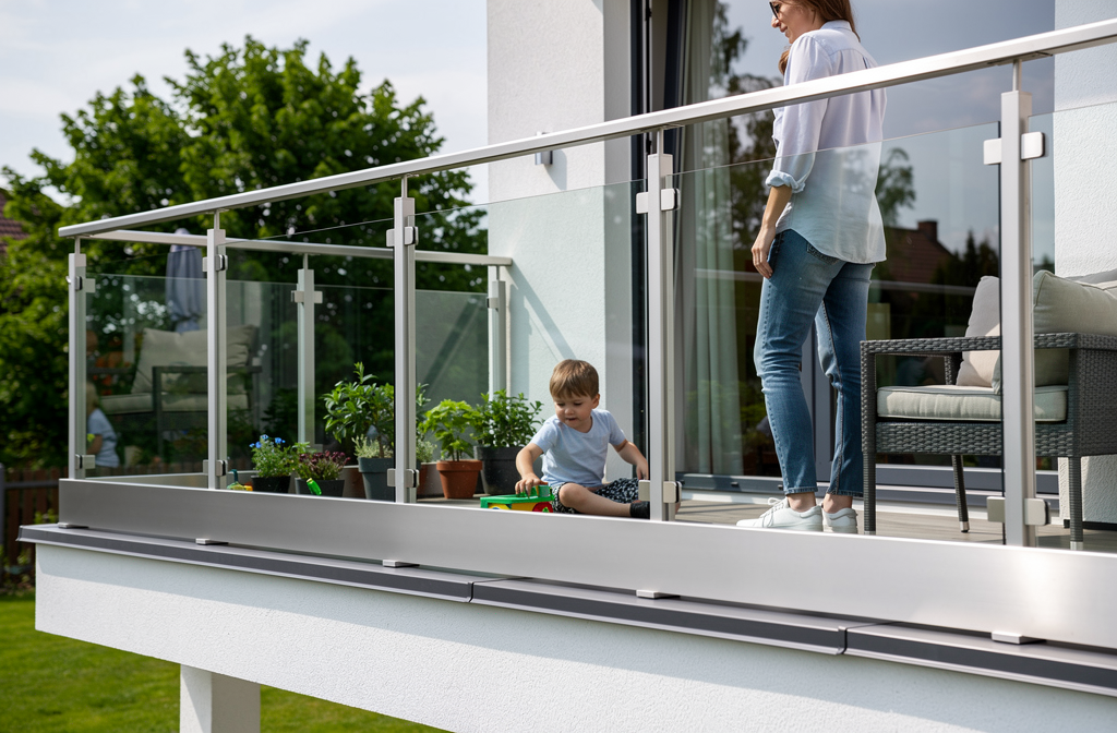Garde-corps en verre avec espacement sécuritaire empêchant l'escalade des enfants sur une terrasse moderne