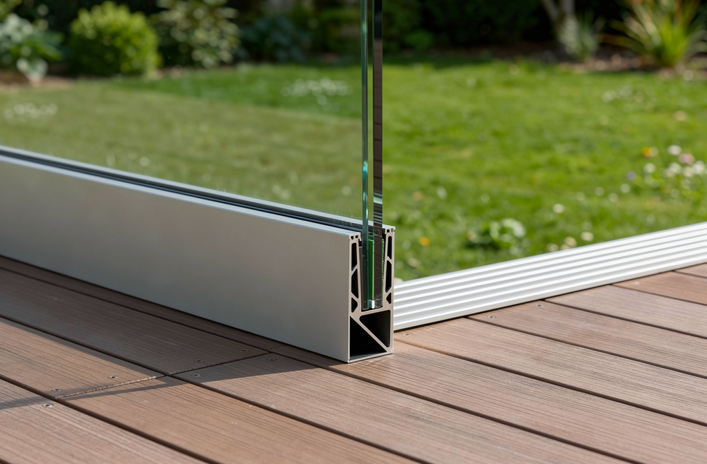 Profil aluminium pour garde-corps en verre installé en bordure d'une terrasse en bois avec panneau de verre transparent.
