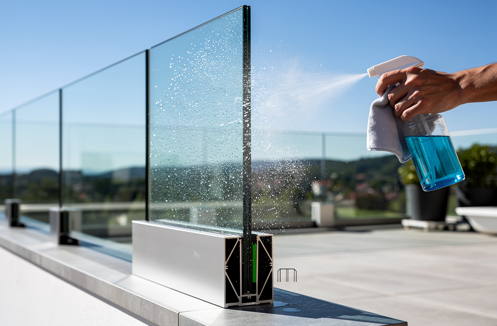 Produit nettoyant appliqué sur un garde-corps en verre installé sur une terrasse ensoleillée.