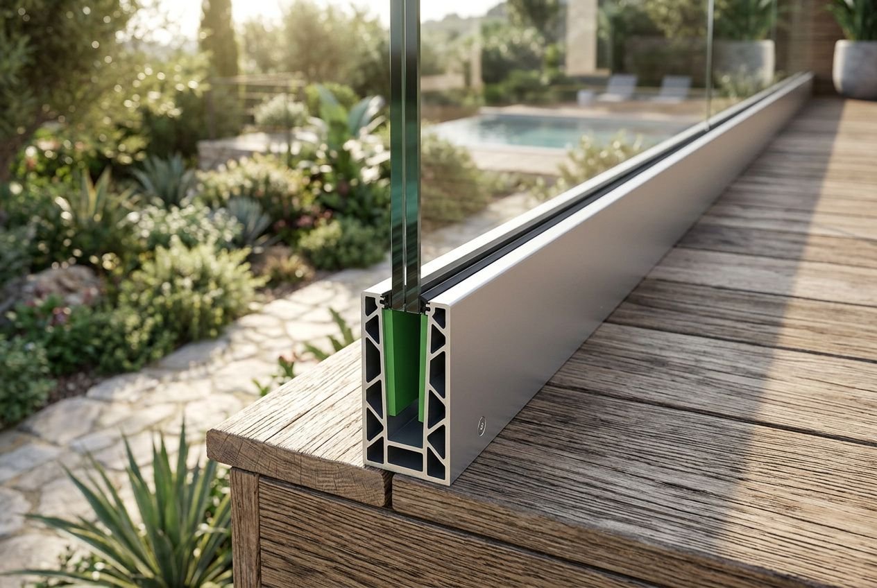 Clôture verre sécurité sur mesure: détail d’un cadre en aluminium avec vitrage en verre trempé sur terrasse bois, norme et pose.