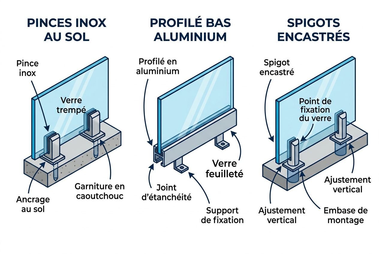 Clôture verre sécurité : schéma montrant pièces et fixation, barrière en verre trempé sur support métallique avec joint d’étanchéité et fixation au sol.