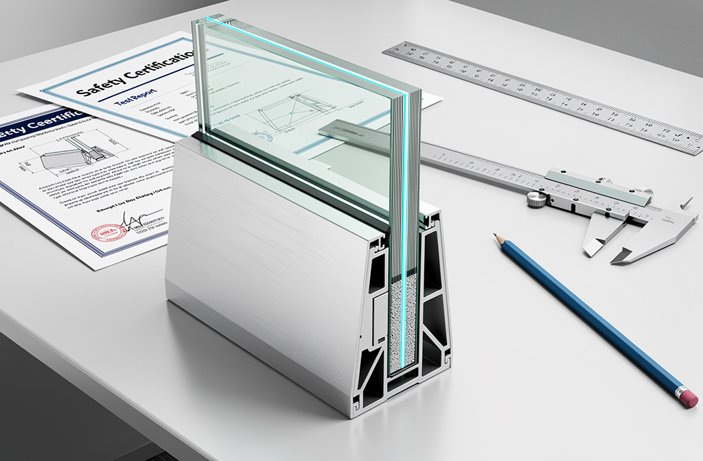 Coupe transversale d'un vitrage de sécurité dans un profilé aluminium sur un bureau d'architecte