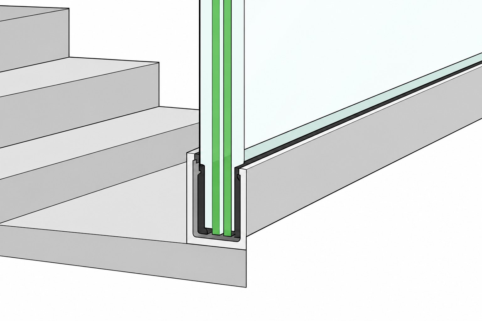 Détail technique d’un garde-corps en verre avec montant et joint d’étanchéité autour d’un panneau vitré posé sur une marche