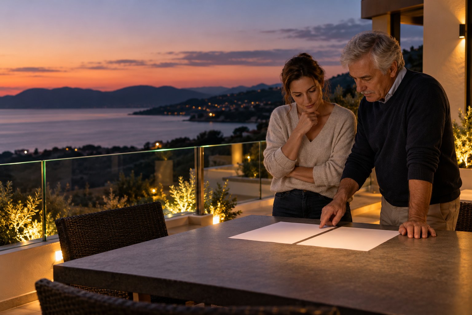 Deux personnes consultent un plan posé sur une table extérieure au crépuscule, près d’une barrière en verre donnant sur la mer.