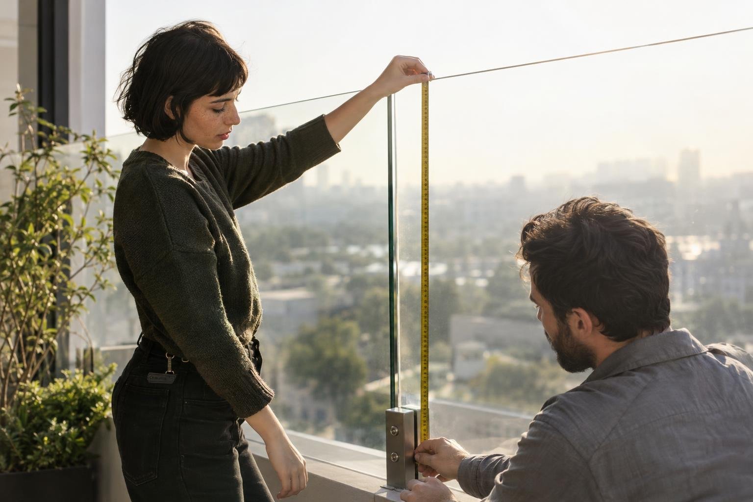 Deux personnes mesurent une garde-corps en verre sur une terrasse avec un mètre ruban vertical.