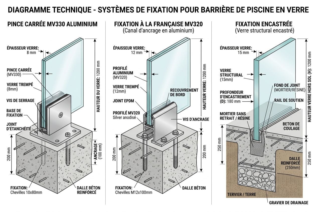Diagramme technique des systèmes de fixation pour barrière piscine verre extérieur, montrant trois méthodes: pince carrée aluminium, fixation à la française et fixation encastrée, avec détails de verre, joints et fondations. barrière piscine verre extérieur présente.