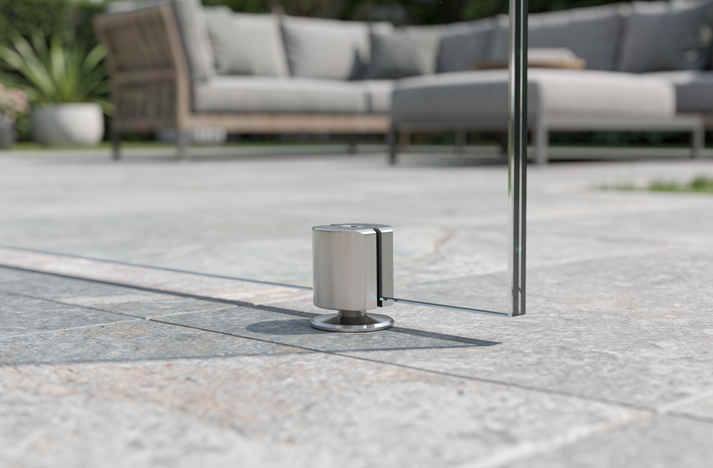 Fixation au sol pour garde-corps en verre sur une terrasse moderne