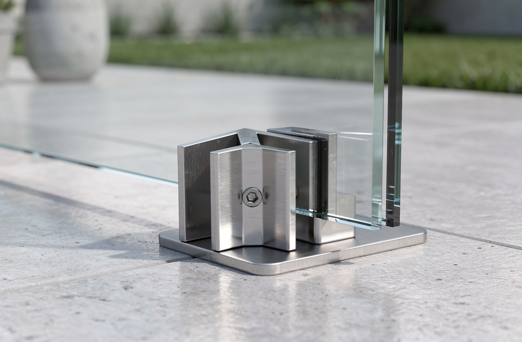 Fixation de garde-corps en verre installée sur un sol de terrasse moderne.