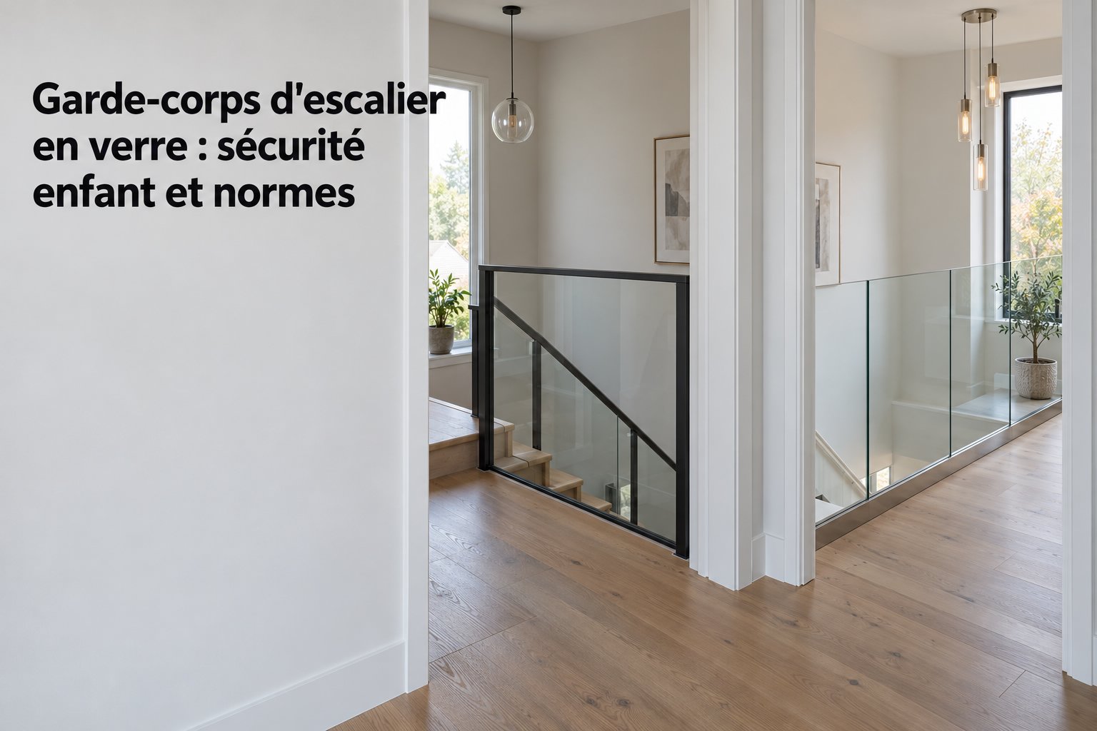 Garde-corps d’escalier en verre avec cadre noir et rambarde transparent, installé sur un palier intérieur lumineux.