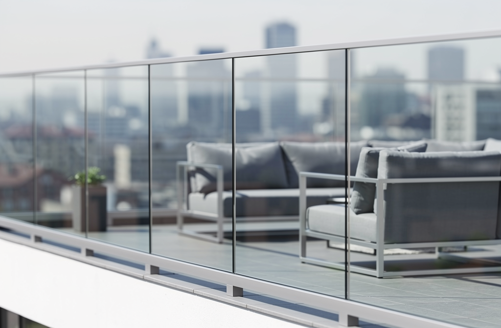 Garde-corps en verre installé sur une terrasse à la hauteur réglementaire minimale.