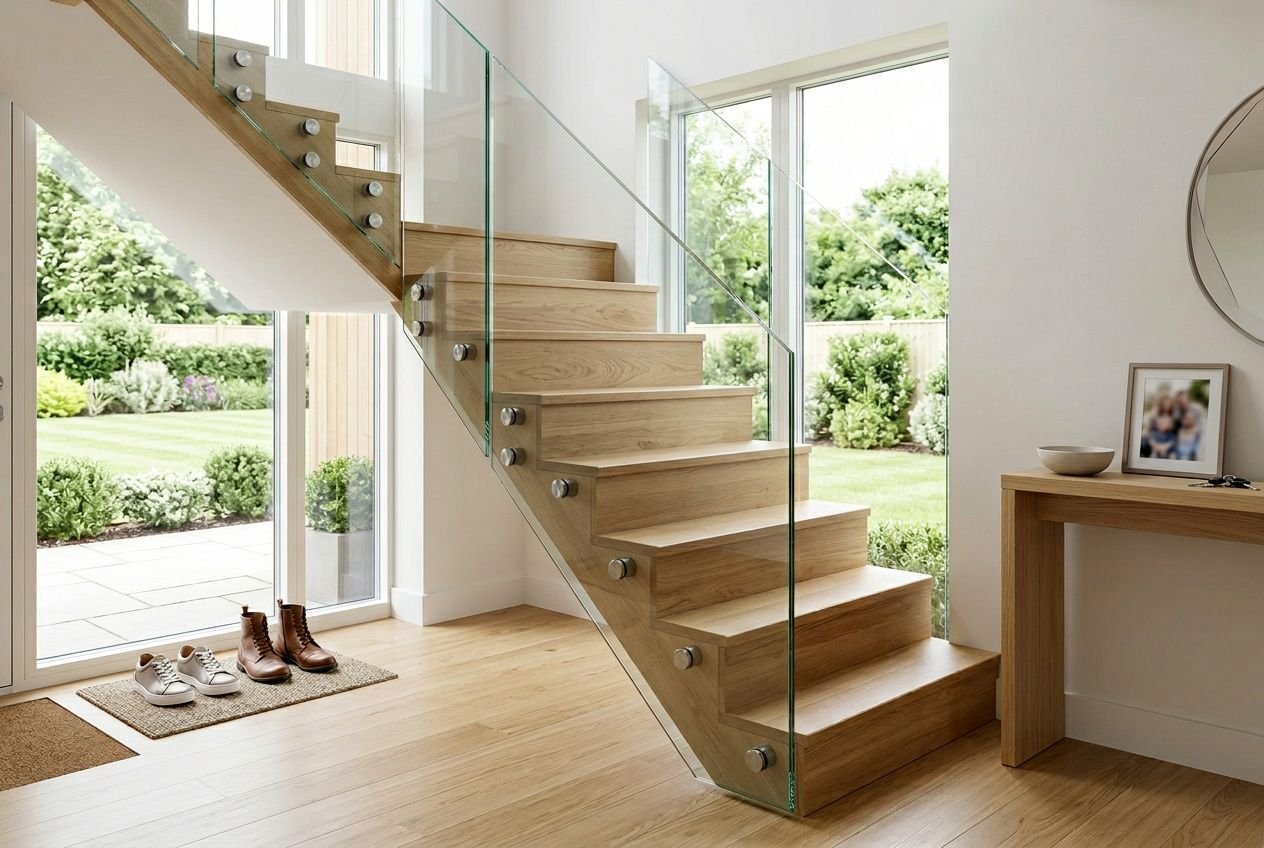 Garde-corps en verre sur escalier intérieur moderne.
