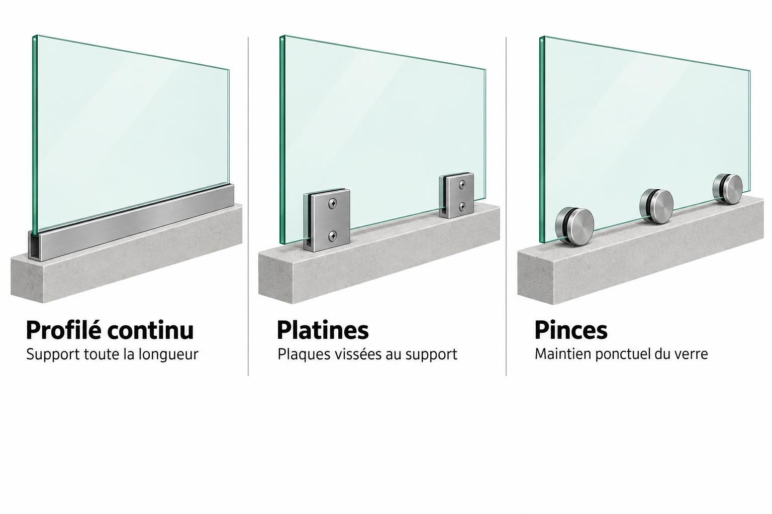 Garde-corps en verre avec fixation latérale montrant trois systèmes: profilé continu, platines et pinces.