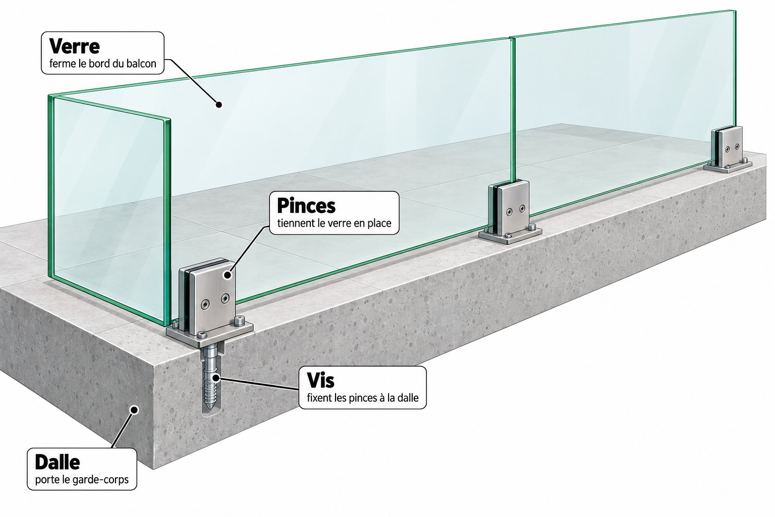 Garde-corps en verre fixé sur une dalle avec poteaux et pinces métalliques au bord d’un balcon.