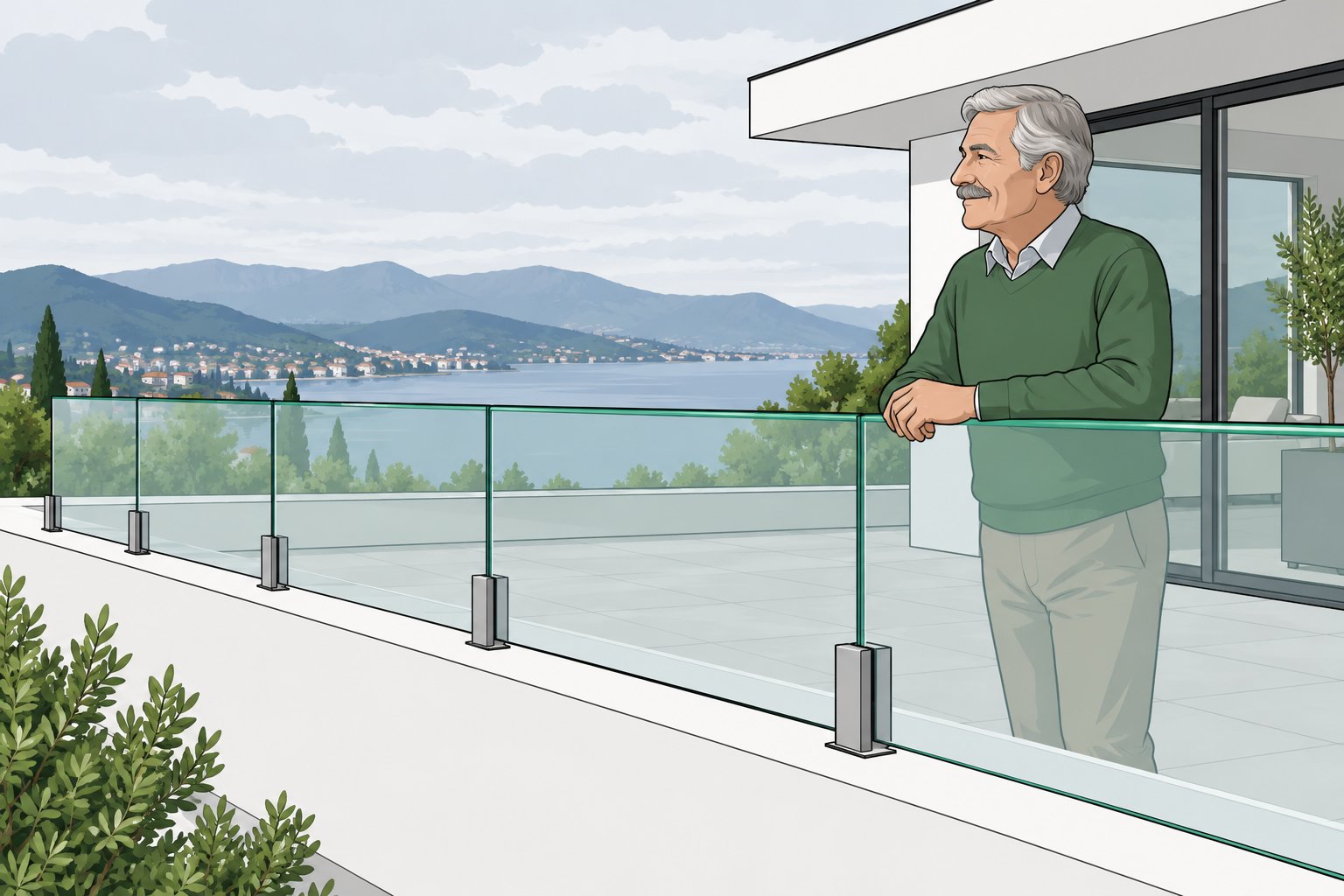 Garde-corps en verre le long d’une terrasse avec un homme âgé s’appuyant sur la rambarde, vue sur les montagnes et le paysage