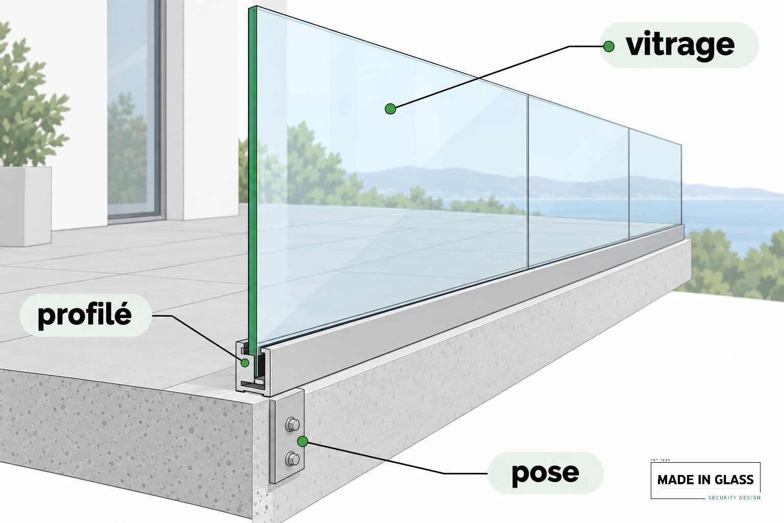 Garde-corps en verre avec panneau de vitrage fixé sur une terrasse.