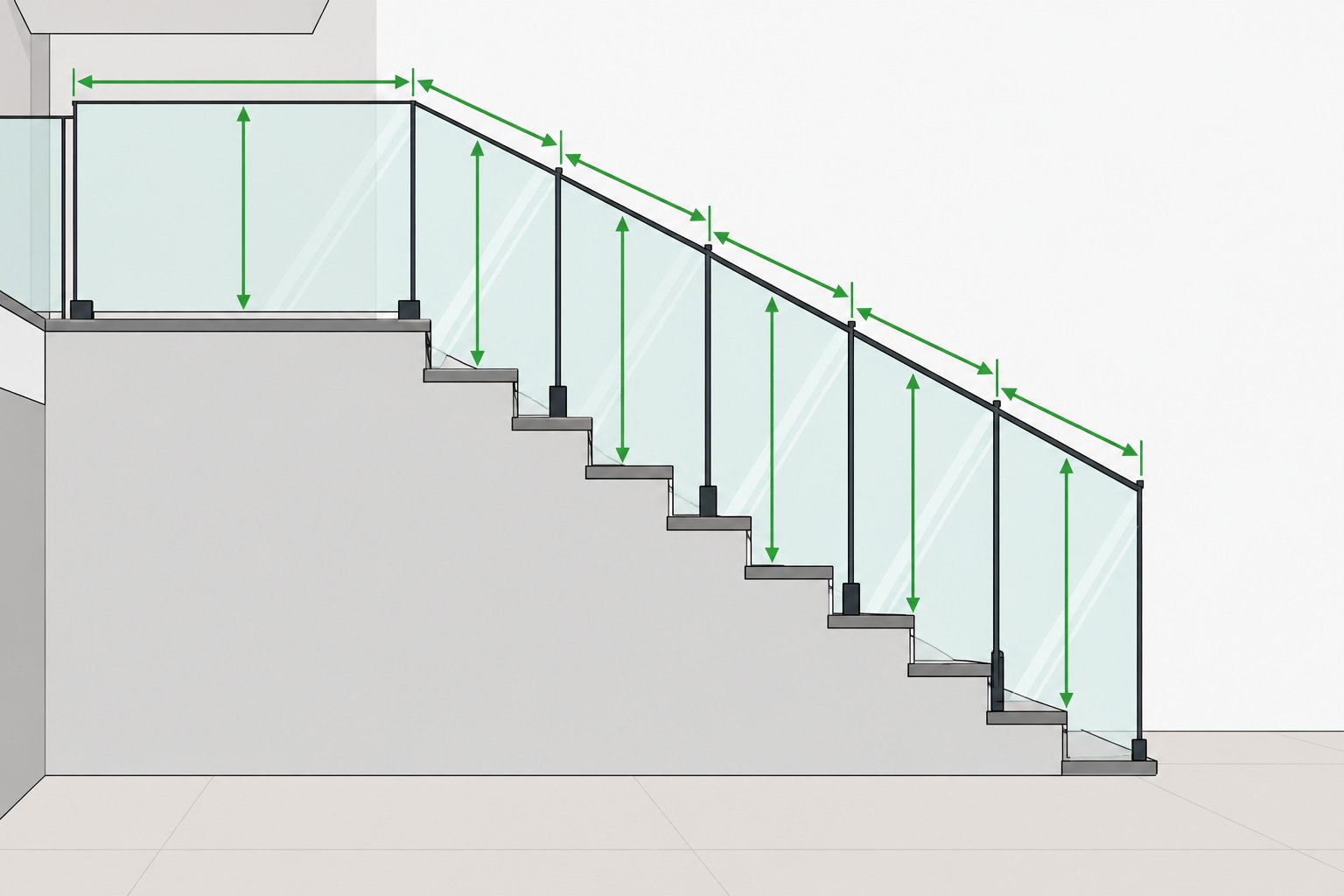 Garde-corps en verre sur rampe d’escalier avec montants et barres de maintien, cloisons et marches visibles.