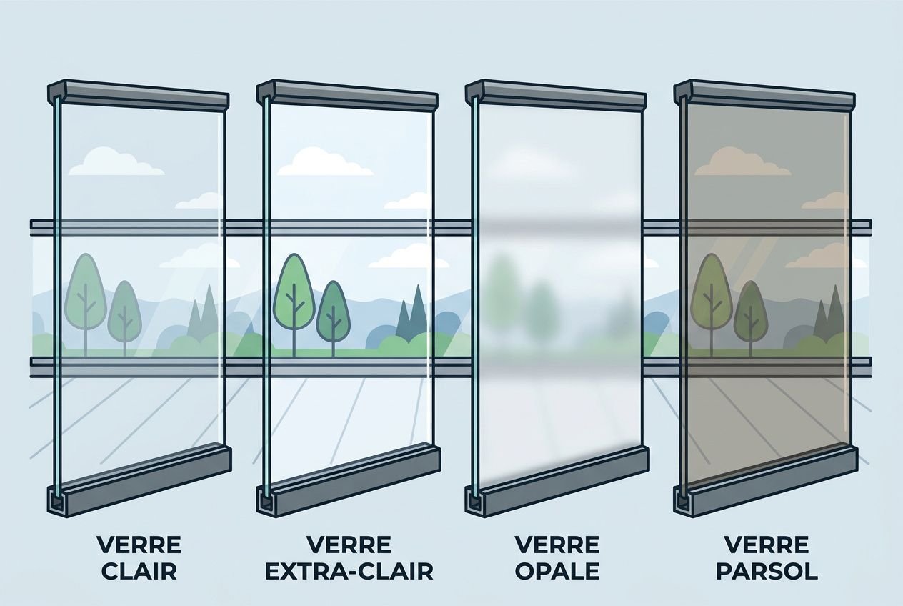 Garde-corps verre trempé balcon avec choix de verres: clair, extra-clair, opale et parmi eux, parois vitrées extérieures pour balcon.