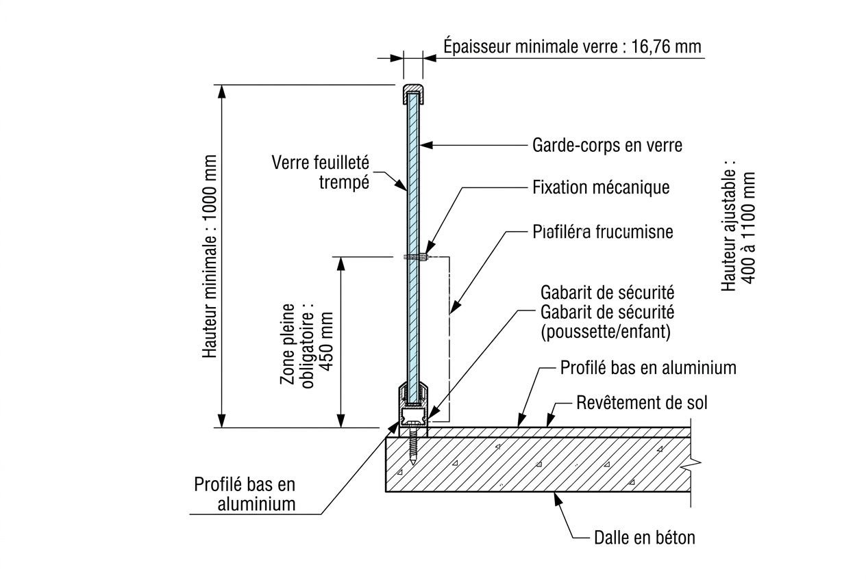 Garde-corps en verre trempé pour balcon avec fixation mécanique et profilé bas en aluminium, hauteur ajustable, fixé sur dalle en béton.