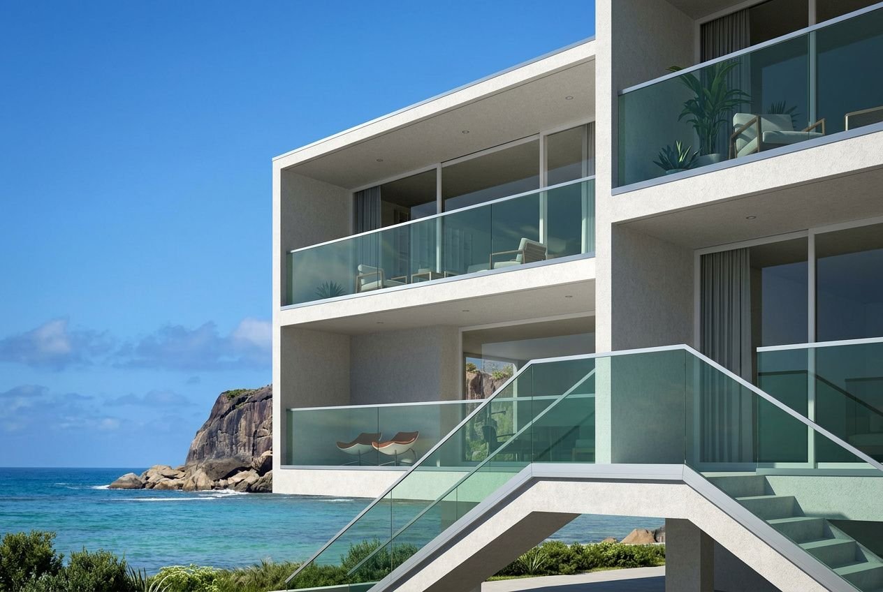 Garde-corps en verre trempé balcon sur immeuble moderne près de la plage, avec balustrades transparentes et escaliers extérieurs.