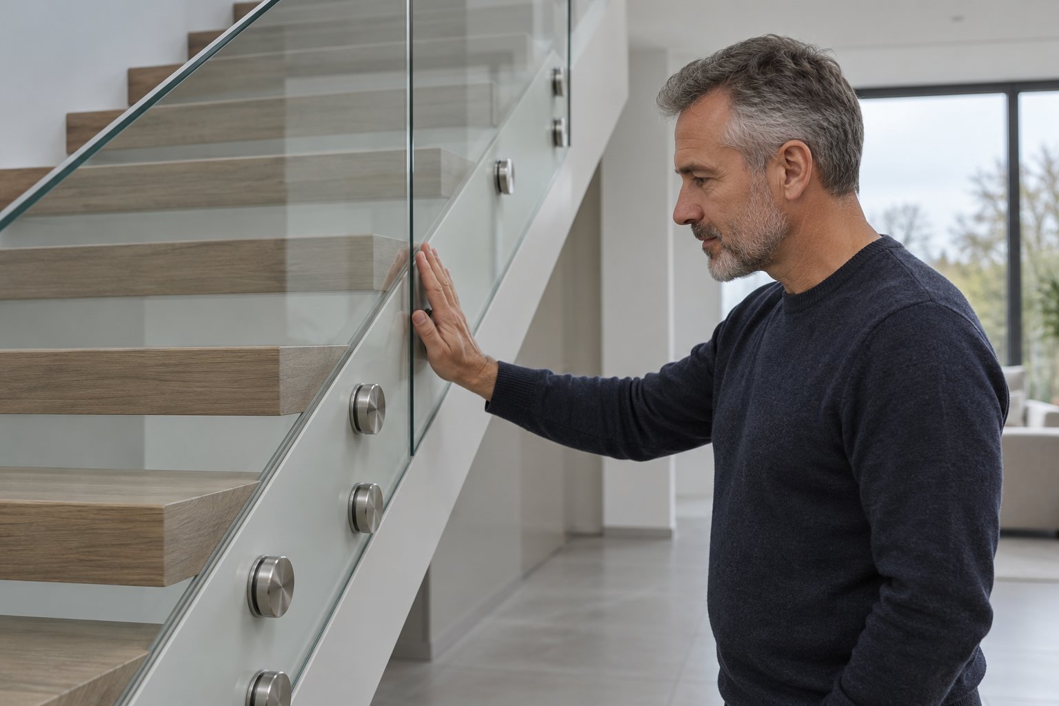 Un homme examine une rambarde en verre le long d’un escalier moderne.