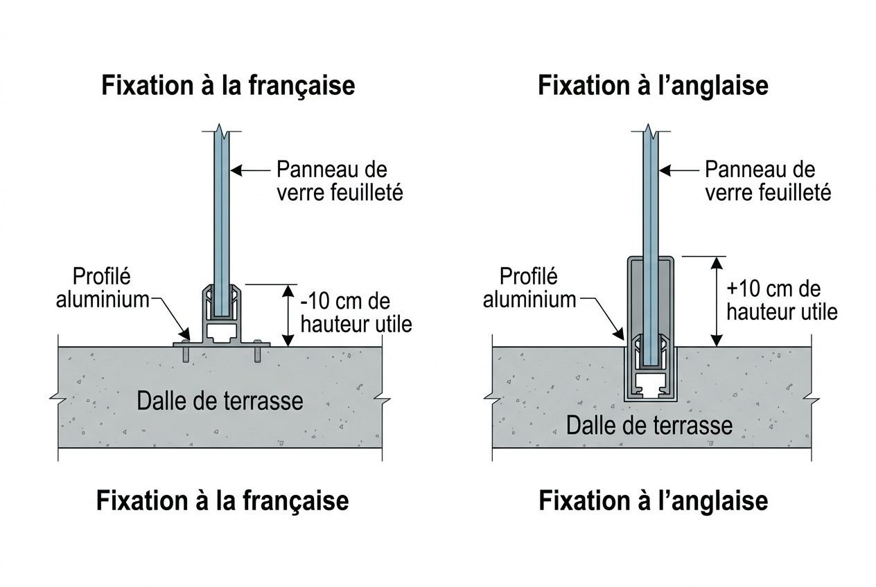 Schéma comparatif de fixation d’une barrière verre terrasse prix et méthodes: fixation à la française et à l’anglaise, avec panneau de verre, profilé aluminium et dalle de terrasse.