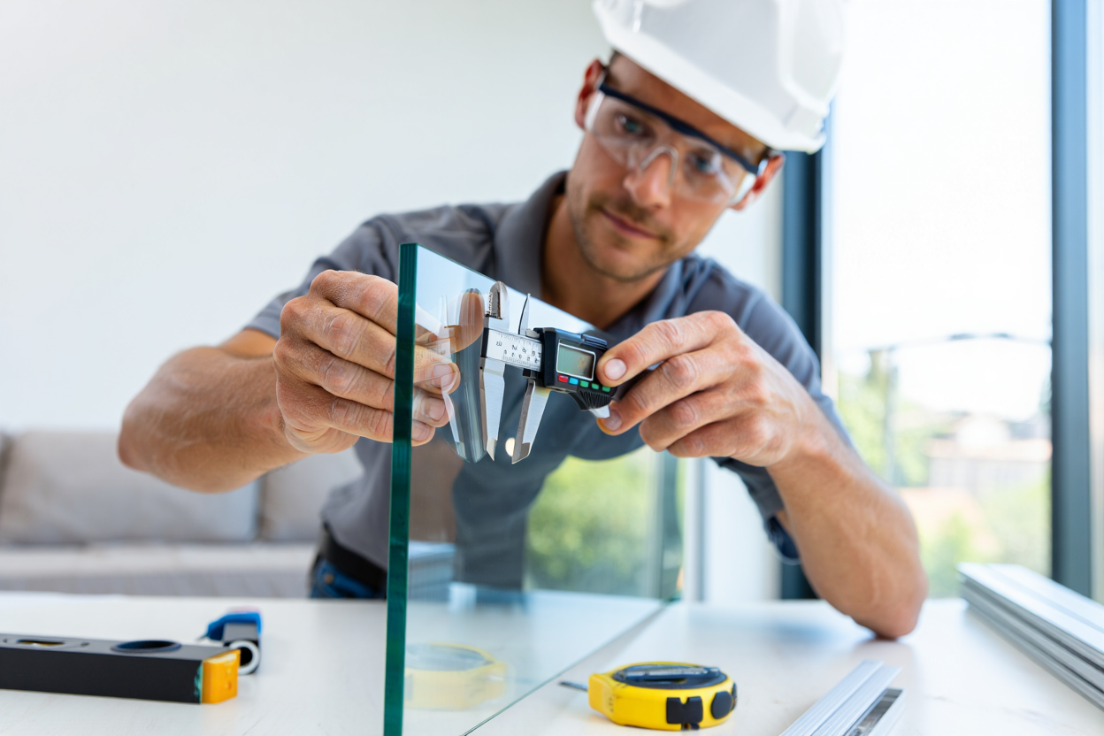 Technicien portant casque et lunettes mesure une plaque de verre avec un pied à coulisse numérique sur une table de travail.