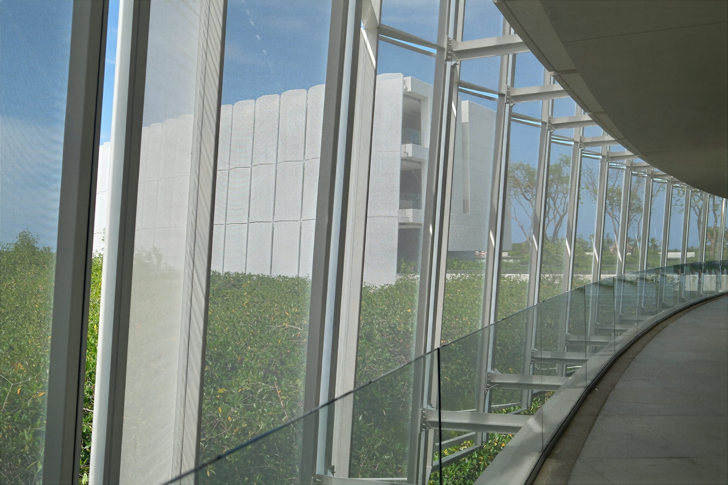 Vitrail ou baie vitrée avec montants métalliques dans un couloir courbe, vue d’extérieur à travers la façade en verre.